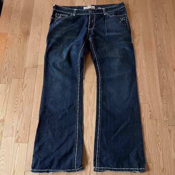Laguna Beach Jean Co Dark Blue Flare Jeans Embroidered Skull Button USA 42x36